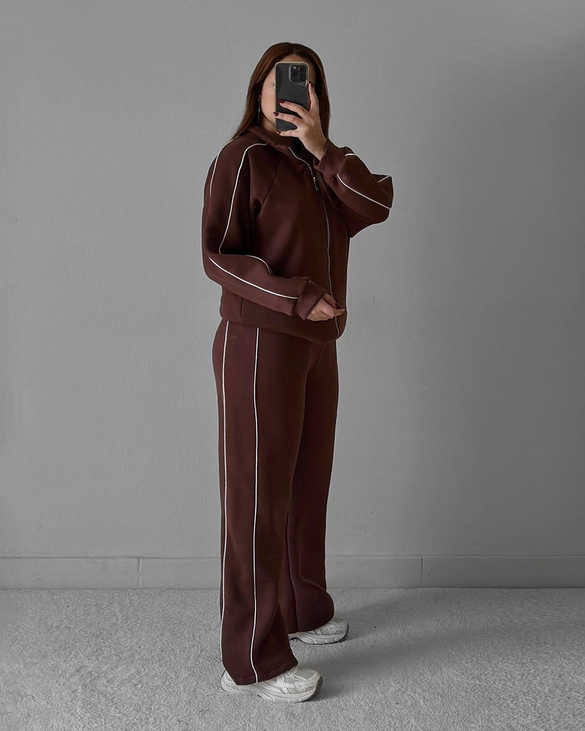 Sporty Double Striped Tracksuit | Brown - Eva Fashion - Online Clothing Strore for Women