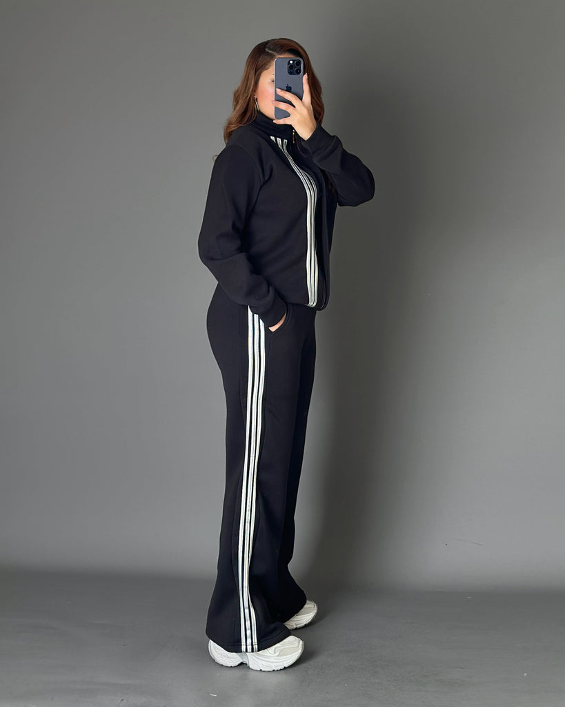 Triple Stripe Zip-Up Tracksuit | Black - Eva Fashion - Online Clothing Store for Women