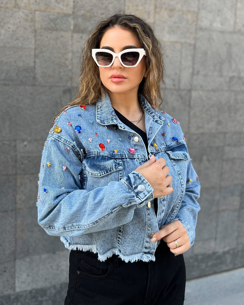 Gem Detail Denim Jacket | Light Wash - Eva Fashion - Online Clothing Strore for Women