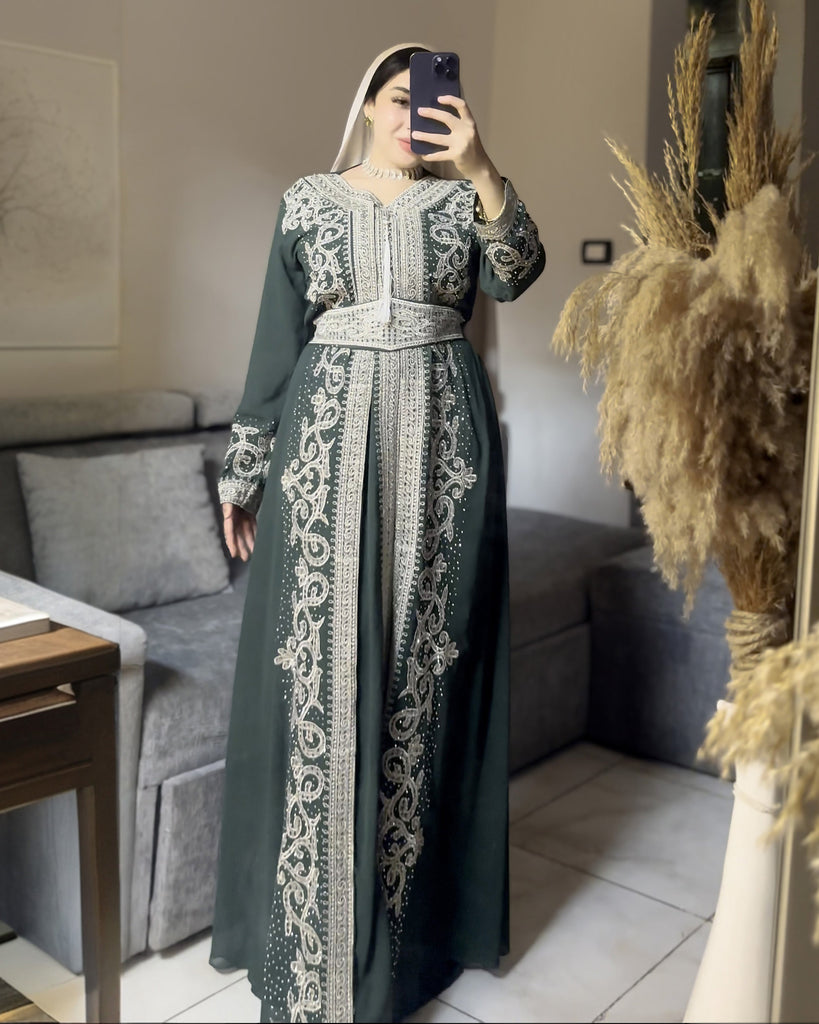 Emerald Elegance Embroidered Kaftan | Green - Eva Fashion - Online Clothing Store for Women